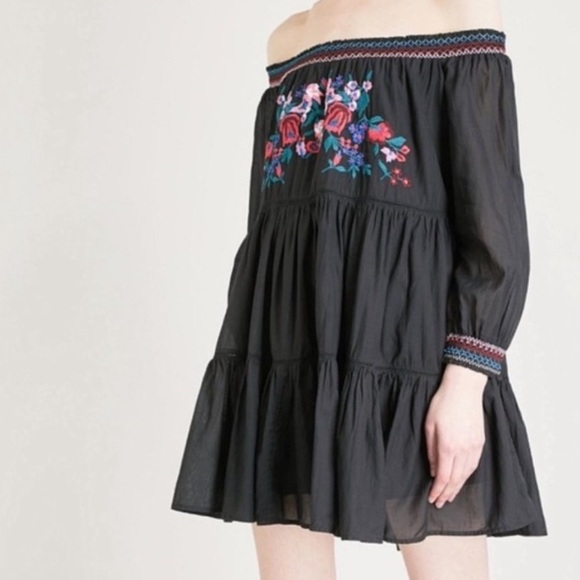 Free People Sunbeams Off Shoulder Mini Dress Black Small Embroidered Ruffled - Picture 2 of 16